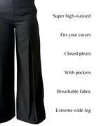 The 9to5 Mode's black wide-leg trouser for women with text describing features 